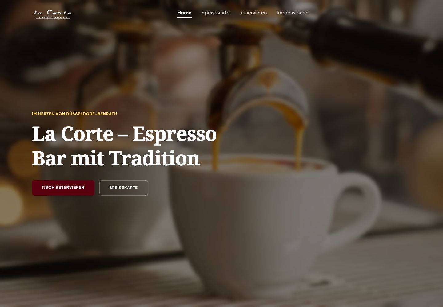 Startseite von la-corte.de mit Espresso-Foto und den Schaltflächen „Tisch reservieren“ und „Speisekarte“