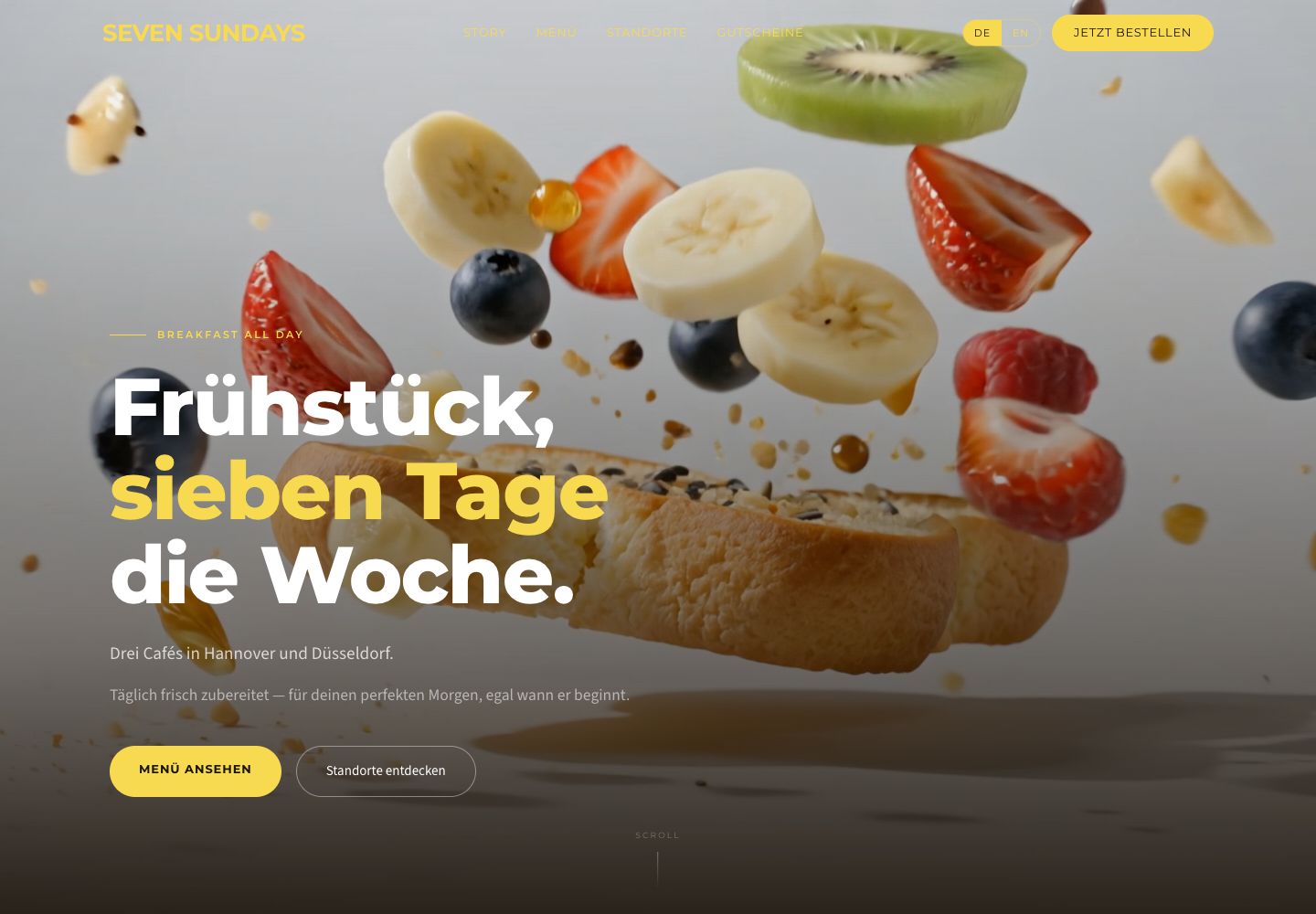 Startseite von Seven Sundays mit einem Frühstücksgericht und der Schaltfläche „Jetzt bestellen“